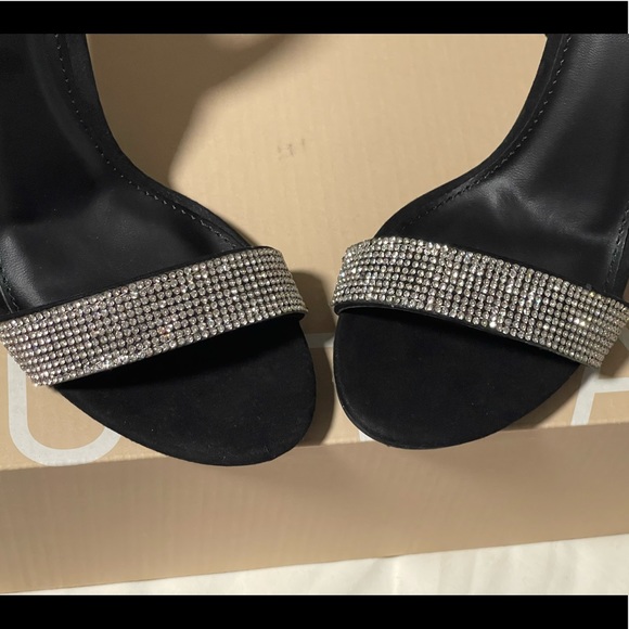 Black suede crystal sling back embellished sandal heels - Picture 5 of 7